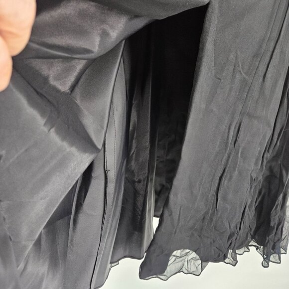 Vintage 1960s Cocktail Party Dress 9 Black Chiffon Ruffle V Neck Rhinestone Belt - Picture 10 of 13